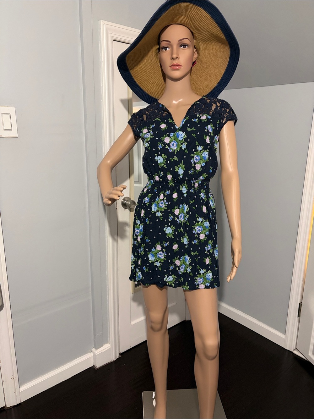 Abercrombie & Fitch Navy Floral Lace-Shoulder Dress with Blue and Green Print
